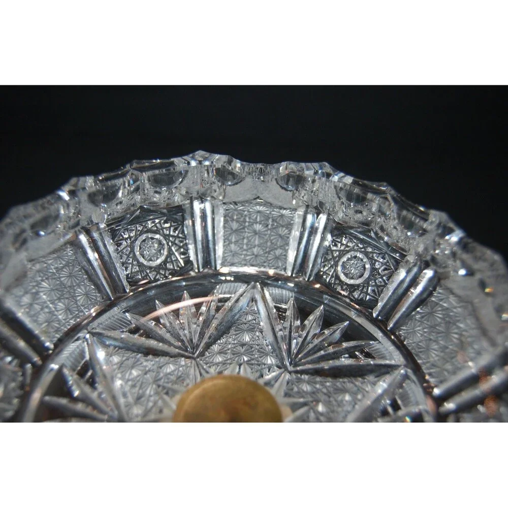 VINTAGE L&L BRASS PEDESTAL CUT GLASS #8303 ASHTRAY DISH COMPOTE 5.5